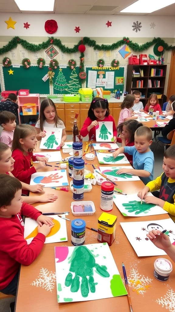 Kindergarten children painting Christmas art in a colorful classroom.